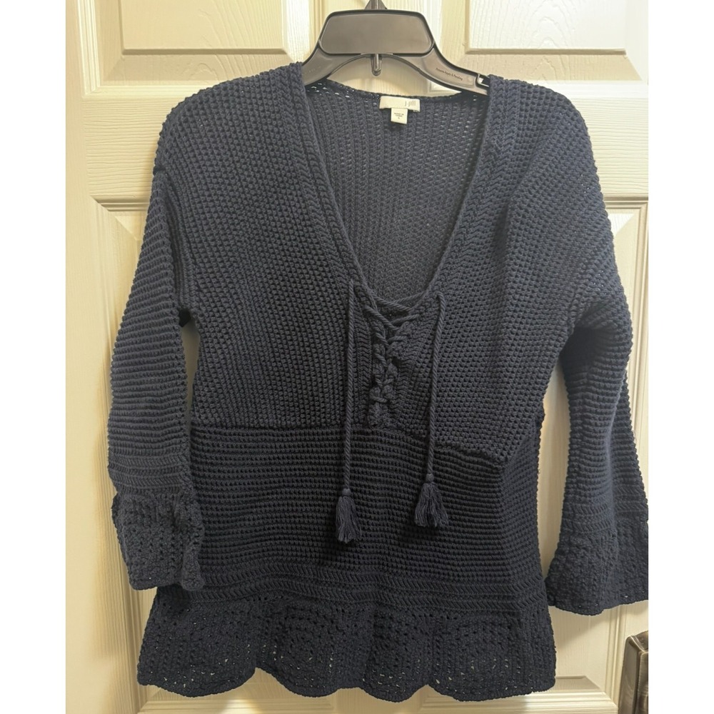 J Jill Women's Beachy Sweater Open Neck Knit Navy Size‎ S Tassel Tie Crochet